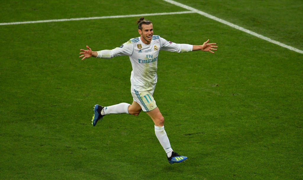 KIEV, UKRAINE - MAY 26: Gareth Bale of Real Madrid celebrates scoring his sides third goal, his second, during the UEFA Champions League Final between Real Madrid and Liverpool at NSC Olimpiyskiy Stadium on May 26, 2018 in Kiev, Ukraine