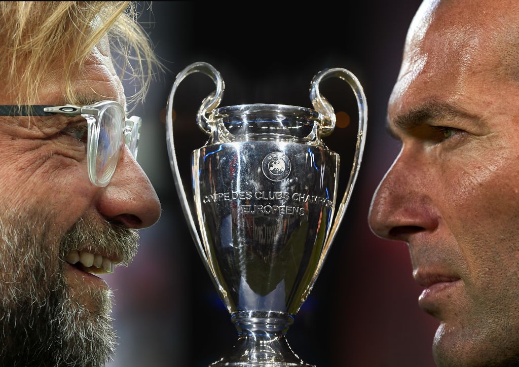 FILE PHOTO (EDITORS NOTE: COMPOSITE OF IMAGES - Image numbers L-R 824280260,464313758,956612460) In this composite image a comparision has been made between head coach Juergen Klopp of Liverpool (L) and head coach Zinedine Zidane of Real Madrid. Real Madrid and Liverpool meet in the UEFA Champions League Final on May 26, 2018 at the NSC Olimpiyskiy Stadium in Kiev, Ukraine. ***LEFT IMAGE*** BERLIN, GERMANY - JULY 29: Head coach Juergen Klopp of Liverpool looks on prior to the pre season friendly match between Hertha BSC and FC Liverpool at Olympiastadion on July 29, 2017 in Berlin, Germany. (Photo by Matthias Kern/Bongarts/Getty Images) ***RIGHT IMAGE*** SEVILLE, SPAIN - MAY 09: Head coach Zinedine Zidane of Real Madrid looks on prior to the start the La Liga match between Sevilla FC and Real Madrid at Ramon Sanchez Pizjuan stadium on May 9, 2018 in Seville, Spain. (Photo by Aitor Alcalde/Getty Images)