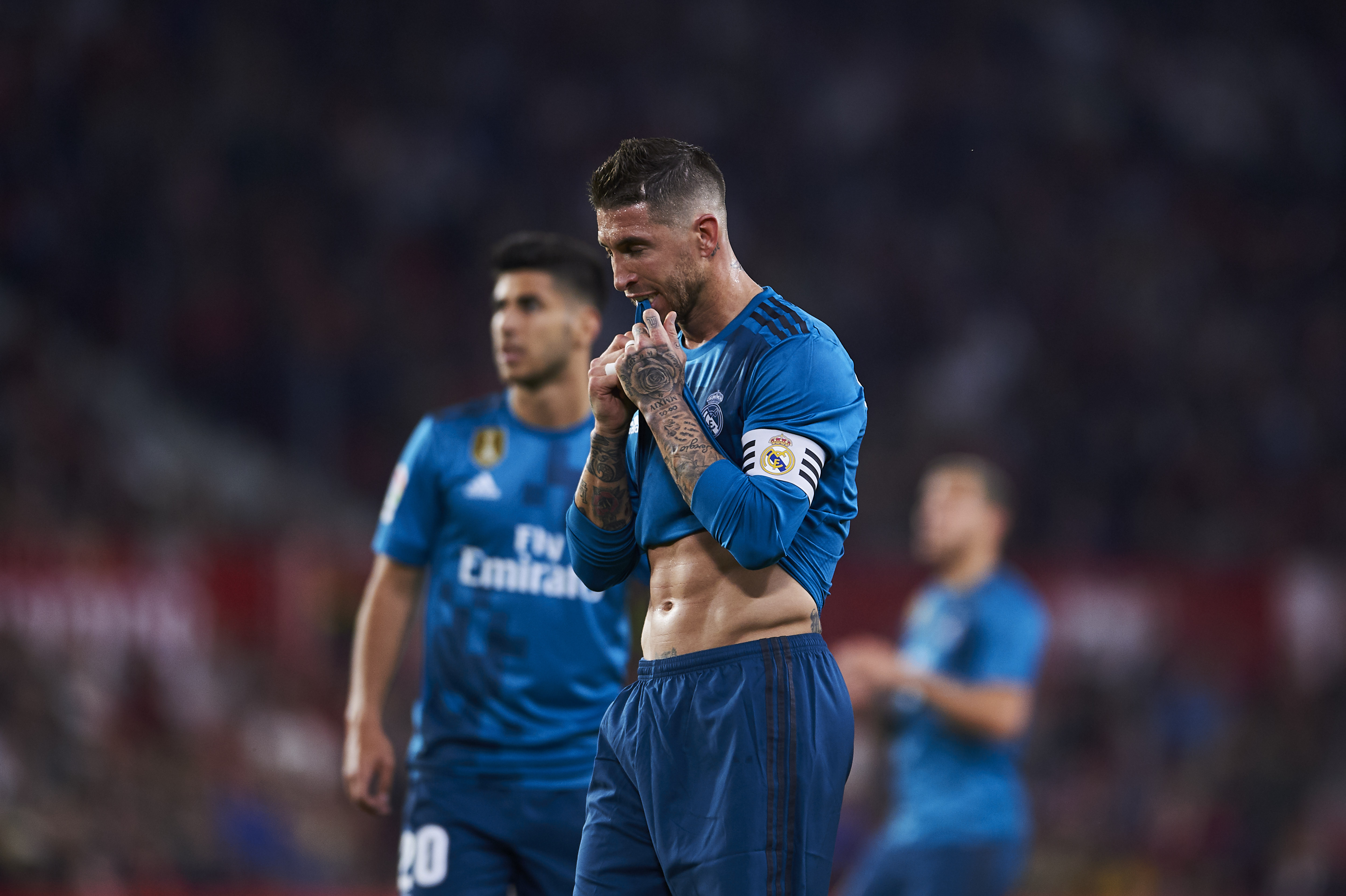 SEVILLE, SPAIN - MAY 09:  Sergio Ramos of Real Madrid CF reacts during the La Liga match between Sevilla FC and Real Madrid at Ramon Sanchez Pizjuan stadium on May 9, 2018 in Seville, Spain.  (Photo by Aitor Alcalde/Getty Images)