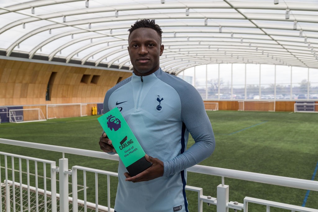 ENFIELD, ENGLAND - MARCH 08: Victor Wanyama of Tottenham Hotspur poses with the trophy for Carling Premier League Goal of the Month for February 2018 at on March 8, 2018 in Enfield, England. (Photo by Paul Harding/Getty Images for Premier League )