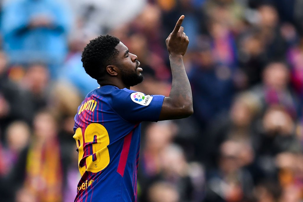 BARCELONA, SPAIN - APRIL 14: Samuel Umtiti of FC Barcelona celebrates after scoring his team's second goal during the La Liga match between Barcelona and Valencia at Camp Nou on April 14, 2018 in Barcelona, Spain. (Photo by David Ramos/Getty Images)