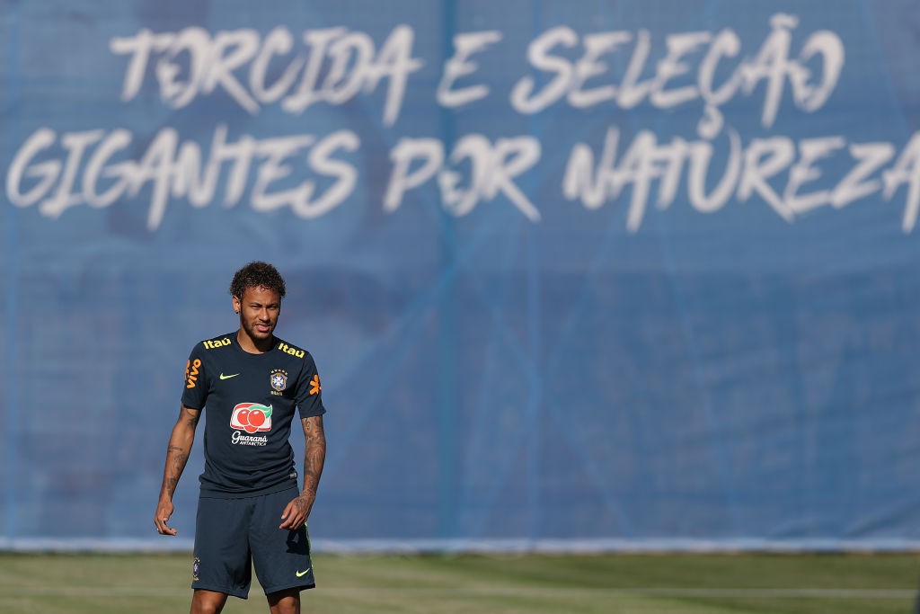 SOCHI, RUSSIA - JUNE 14: Neymar looks on during a Brazil training session ahead of the FIFA World Cup 2018 at Yug-Sport Stadium on June 14, 2018 in Sochi, Russia. (Photo by Buda Mendes/Getty Images)