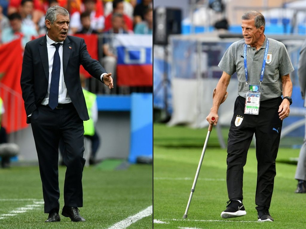 (COMBO) This combination of pictures created on June 28, 2018 shows Portugal's coach Fernando Santos (L) in Moscow on June 20, 2018, and Uruguay's coach Oscar Washington Tabarez in Rostov-On-Don on June 19, 2018. - The European champions, Portugal, will face Uruguay in Sochi on June 30, for a place in the quarter-finals after finishing as runners-up behind Spain in Group B. (Photos by FADEL SENNA and PASCAL GUYOT / AFP) / RESTRICTED TO EDITORIAL USE - NO MOBILE PUSH ALERTS/DOWNLOADS (Photo credit should read FADEL SENNA,PASCAL GUYOT/AFP/Getty Images)