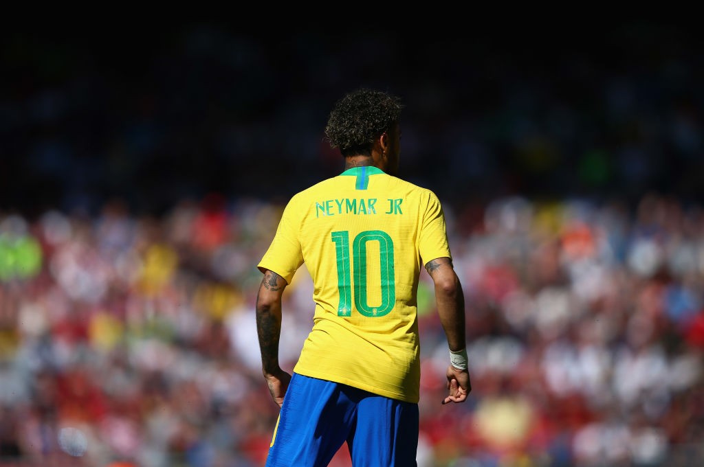 LIVERPOOL, ENGLAND - JUNE 03: Neymar Junior of Brazil during the International friendly match between of Croatia and Brazil at Anfield on June 3, 2018 in Liverpool, England. (Photo by Alex Livesey/Getty Images)