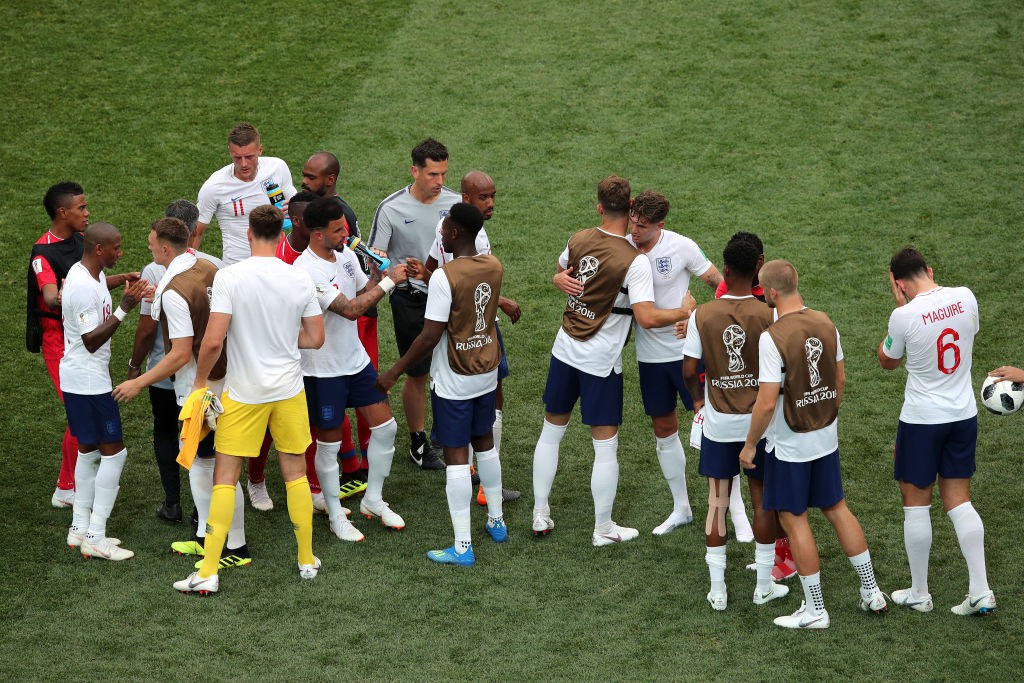 NIZHNY NOVGOROD, RUSSIA - JUNE 24: The England players celebrate following their sides victory in the 2018 FIFA World Cup Russia group G match between England and Panama at Nizhny Novgorod Stadium on June 24, 2018 in Nizhny Novgorod, Russia. (Photo by Clive Brunskill/Getty Images)