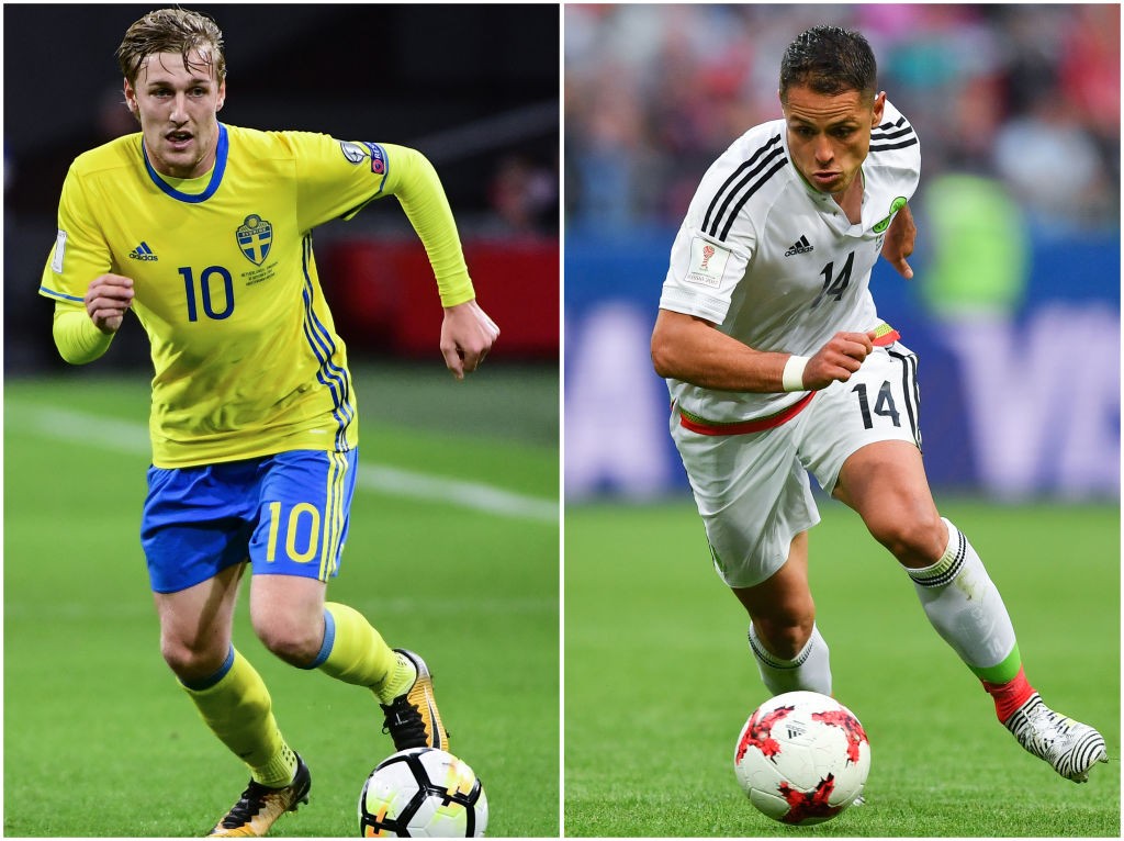 (COMBO) This combination of pictures created on June 25, 2018 shows Sweden's Emil Forsberg (L) at the Amsterdam Arena in Amsterdam on October 10, 2017 and Mexico's forward Javier Hernandez at the Kazan Arena Stadium in Kazan on June 24, 2017. - Mexico will play against Sweden in their Russia 2018 World Cup Group F football match in Iekaterinburg on June 27, 2018. (Photo by Emmanuel DUNAND and Yuri CORTEZ / AFP) (Photo credit should read EMMANUEL DUNAND,YURI CORTEZ/AFP/Getty Images)