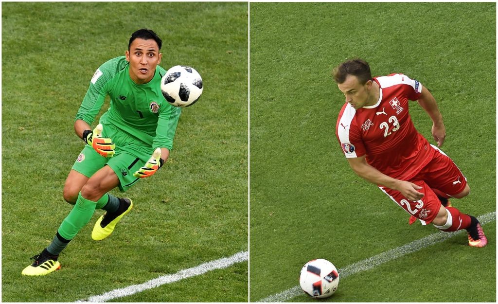 This combination of pictures created on June 25, 2018 shows Switzerland's midfielder Xherdan Shaqiri (R) on June 25, 2016 at the Geoffroy Guichard stadium in Saint-Etienne and Costa Rica's goalkeeper Keylor Navas at the Samara Arena in Samara on June 17, 2018. - Switzerland will play against Costa Rica in their Russia 2018 World Cup Group E football match in Nijni Novgorod on June 27, 2018. (Photo by Denis CHARLET and Fabrice COFFRINI / AFP) (Photo credit should read DENIS CHARLET,FABRICE COFFRINI/AFP/Getty Images)