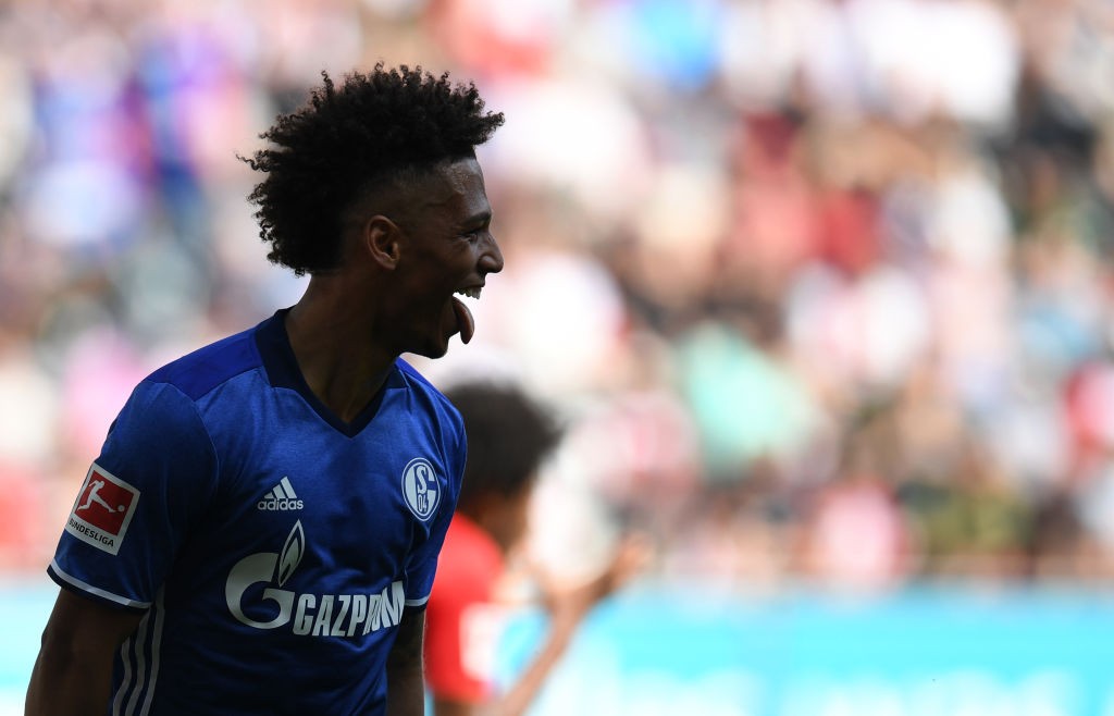 Schalke's German defender Thilo Kehrer reacts after scoring the 0-1 during the German first division Bundesliga football match FC Augsburg vs Schalke 04 in Augsburg, southern Germany, on May 5, 2018. (Photo by Christof STACHE / AFP) / RESTRICTIONS: DURING MATCH TIME: DFL RULES TO LIMIT THE ONLINE USAGE TO 15 PICTURES PER MATCH AND FORBID IMAGE SEQUENCES TO SIMULATE VIDEO. == RESTRICTED TO EDITORIAL USE == FOR FURTHER QUERIES PLEASE CONTACT DFL DIRECTLY AT + 49 69 650050 (Photo credit should read CHRISTOF STACHE/AFP/Getty Images)