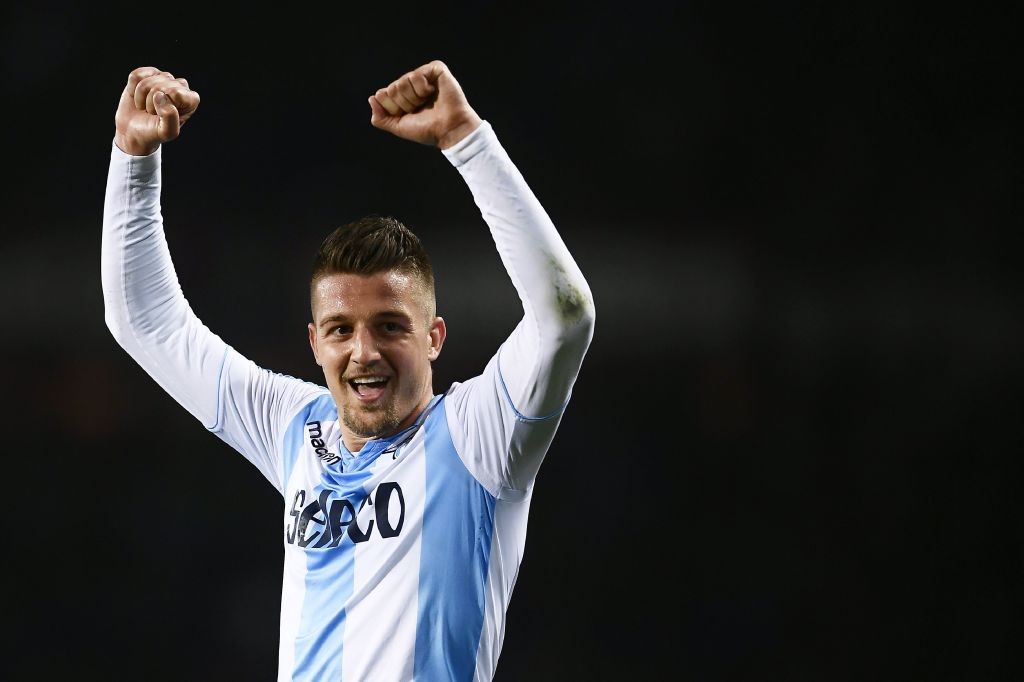 Lazio's midfielder Sergej Milinkovic-Savic from Serbia celebrates at the end of the Italian Serie A football match Torino Vs Lazio on April 29, 2018 at the 'Grande Torino Stadium' in Turin. (Photo by MARCO BERTORELLO / AFP) (Photo credit should read MARCO BERTORELLO/AFP/Getty Images)