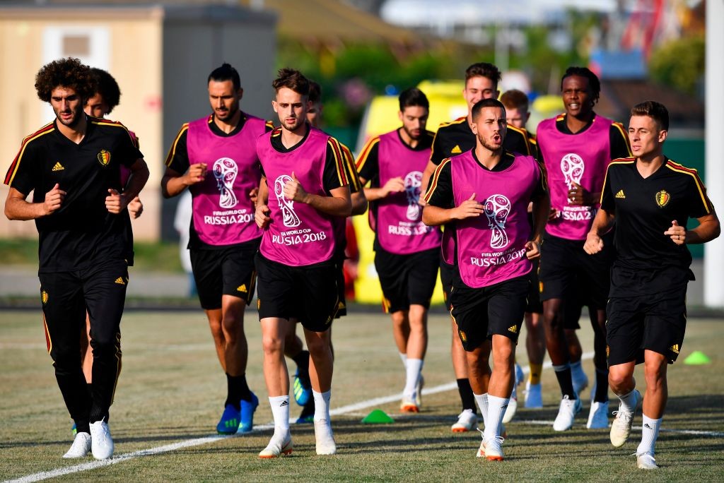 Players from the Belgian national football team run during a training session at the Olympic Park Arena in Sochi on June 17, 2018, on the eve of the Russia 2018 World Cup Group G football match between Belgium and Panama. (Photo by Nelson Almeida / AFP) (Photo credit should read NELSON ALMEIDA/AFP/Getty Images)