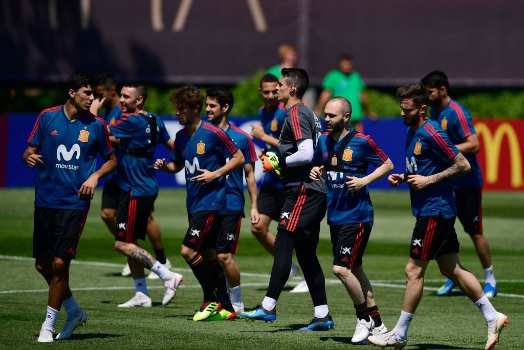 Spain's players attend a training session at Krasnodar Academy on June 12, 2018, ahead of the Russia 2018 World Cup football tournament. (Photo by Pierre-Philippe MARCOU / AFP) (Photo credit should read PIERRE-PHILIPPE MARCOU/AFP/Getty Images)