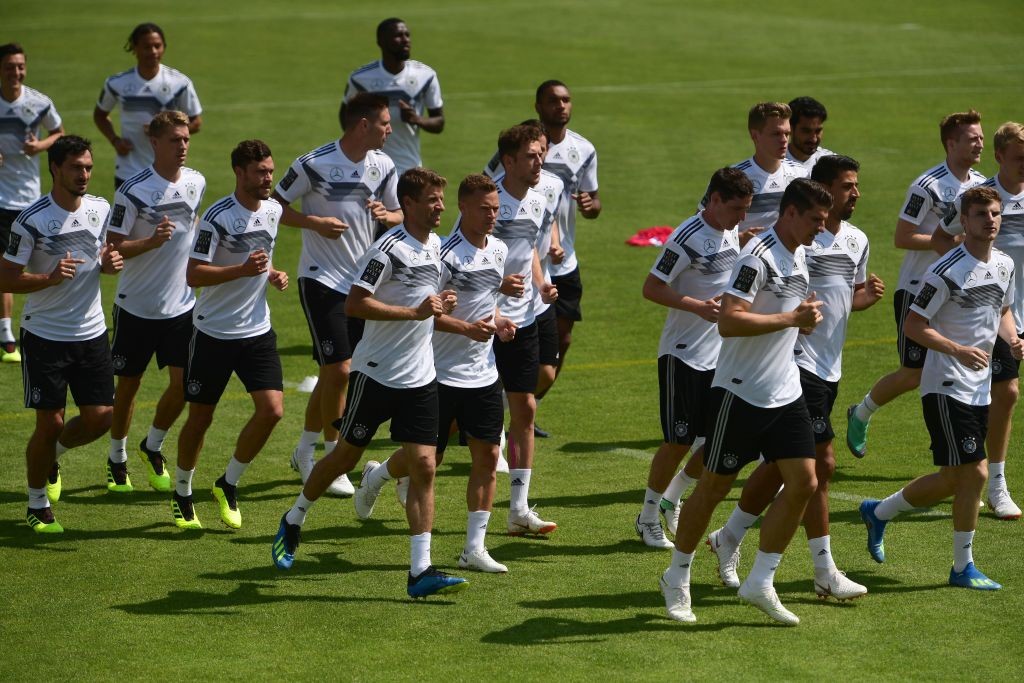 German national football team players warm up prior to a training session at the Rungghof training centre on June 1, 2018 in Girlan, near Bolzano northern Italy, ahead of the FIFA World Cup 2018 in Russia. (Photo by MIGUEL MEDINA / AFP) (Photo credit should read MIGUEL MEDINA/AFP/Getty Images)