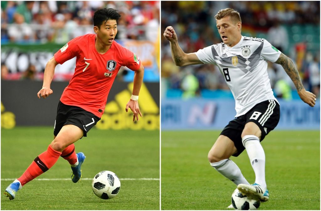 (COMBO) This combination of pictures created on June 25, 2018 shows South Korea's forward Son Heung-min (L) at the Rostov Arena in Rostov-On-Don on June 23, 2018 and Germany's Toni Kroos at the Fisht Stadium in Sochi on June 23, 2018. - South Korea will play Germany in their Russia 2018 World Cup Group F football match in Kazan on June 27, 2018. (Photo by Odd ANDERSEN and Joe KLAMAR / AFP) (Photo credit should read ODD ANDERSEN,JOE KLAMAR/AFP/Getty Images)