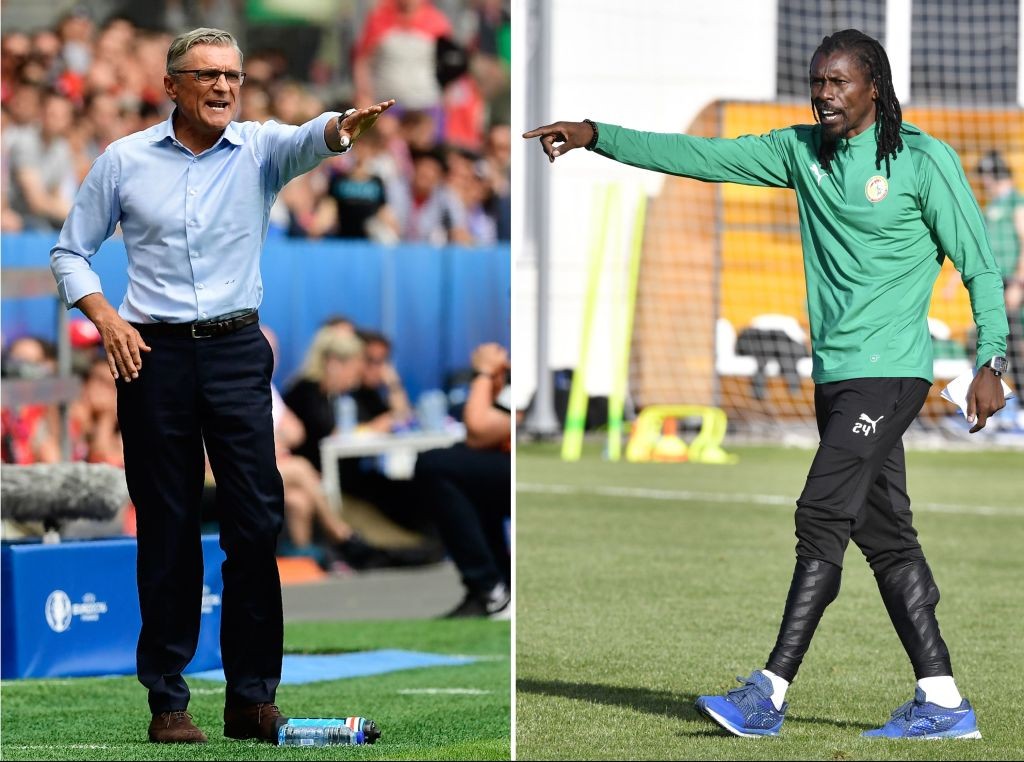 (COMBO) This combination of pictures created on June 17, 2018 shows Poland's coach Adam Nawalka at the Geoffroy Guichard stadium in Saint-Etienne on June 25, 2016 (L) and Senegal's coach Aliou Cisse in Kaluga on June 15, 2018. - Poland will play Senegal in their Russia 2018 World Cup Group H football match at the Spartak Stadium in Moscow on June 19, 2018. (Photo by Issouf SANOGO and Tobias SCHWARZ / AFP) (Photo credit should read ISSOUF SANOGO,TOBIAS SCHWARZ/AFP/Getty Images)