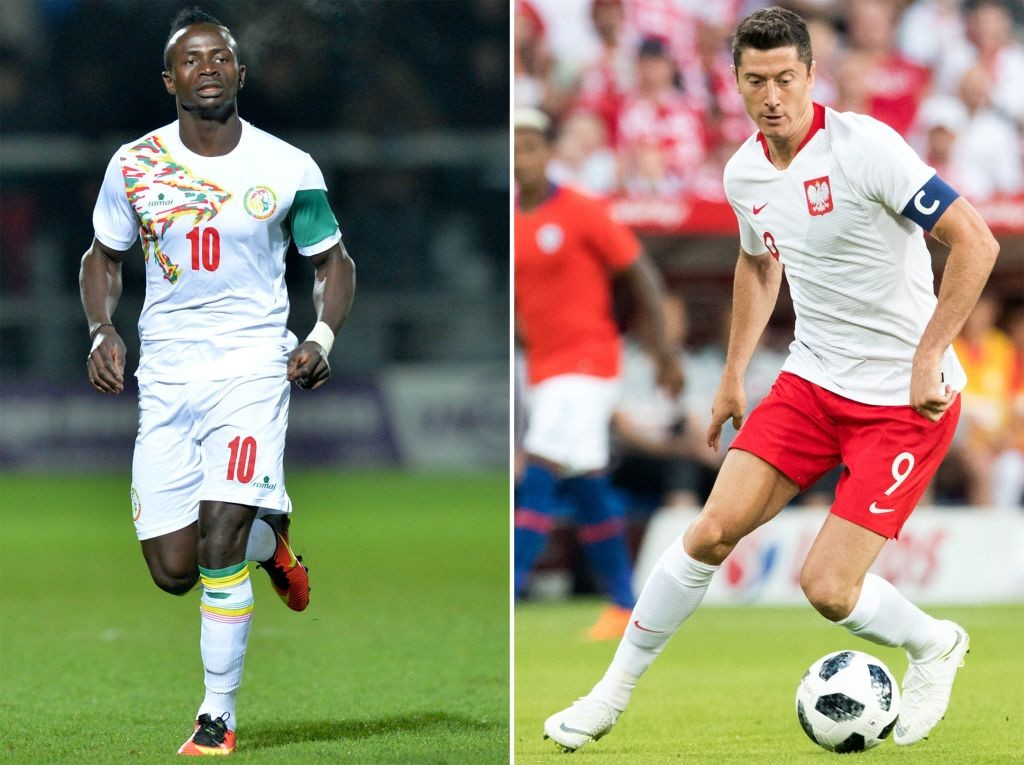 (COMBO) This combination of pictures created on June 17, 2018 shows Senegal's forward Sadio Mane at the Hive Stadium in Barnet on March 23, 2017 (L) and Poland's forward Robert Lewandowski at the Arena Poznan stadium in Poznan on June 8, 2018. - Poland will play Senegal in their Russia 2018 World Cup Group H football match at the Spartak Stadium in Moscow on June 19, 2018. (Photo by OLLY GREENWOOD and Andrzej IWANCZUK / AFP) (Photo credit should read OLLY GREENWOOD,ANDRZEJ IWANCZUK/AFP/Getty Images)