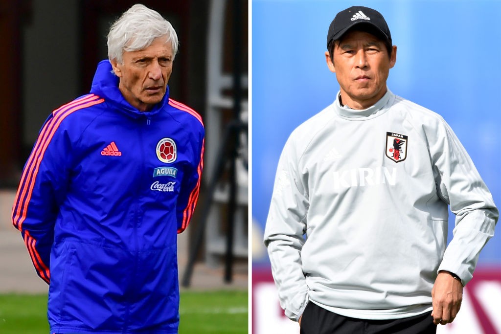 (COMBO) This combination of pictures created on June 17, 2018 shows Colombia's coach Jose Pekerman (L) in Kazan on June 14, 2018 and Japan's coach Akira Nishino in Kazan on June 14, 2018. - Colmbia will play Japan in their Russia 2018 World Cup Group H football match at the Mordovia Arena in Saransk on June 19, 2018. (Photo by Saeed KHAN and Luis ACOSTA / AFP) (Photo credit should read SAEED KHAN,LUIS ACOSTA/AFP/Getty Images)