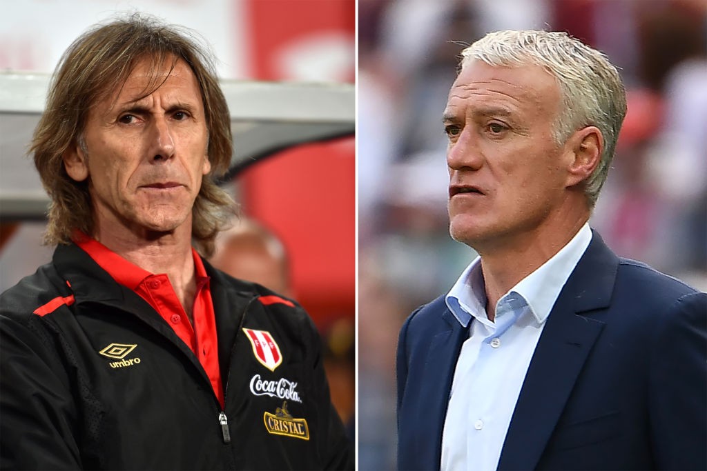 (COMBO) This combination photo created on June 19, 2018 shows Peru's coach Ricardo Gareca in Lima on October 10, 2017 (L) and France's coach Didier Deschamps in Kazan on June 16, 2018. - France will play Peru in their Russia 2018 World Cup Group C football match at the Ekaterinburg Arena in Ekaterinburg on June 21, 2018. (Photo by Cris BOURONCLE and Franck FIFE / AFP) (Photo credit should read CRIS BOURONCLE,FRANCK FIFE/AFP/Getty Images)