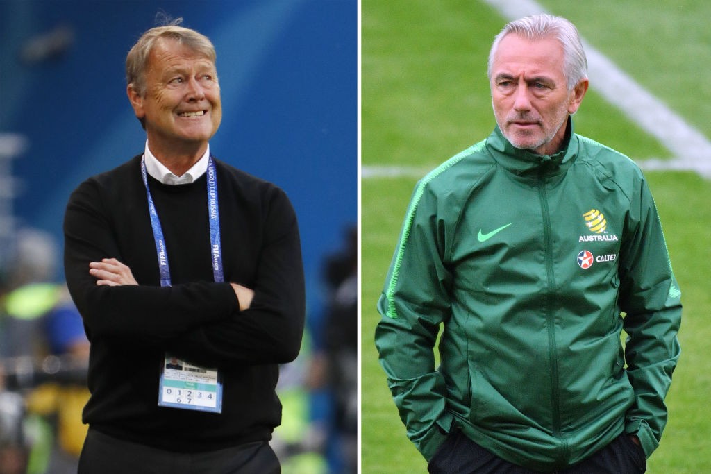 This combination of pictures created on June 19, 2018 shows Denmark's coach Age Hareide at the Mordovia Arena in Saransk on June 16, 2018 (L) and Australia's coach Bert van Marwijk in Kazan on June 13, 2018. - Australia will play Denmark in their Russia 2018 World Cup Group C football match at the Samara Arena in Samara on June 21, 2018. (Photo by Jack GUEZ and Saeed KHAN / AFP) (Photo credit should read JACK GUEZ,SAEED KHAN/AFP/Getty Images)
