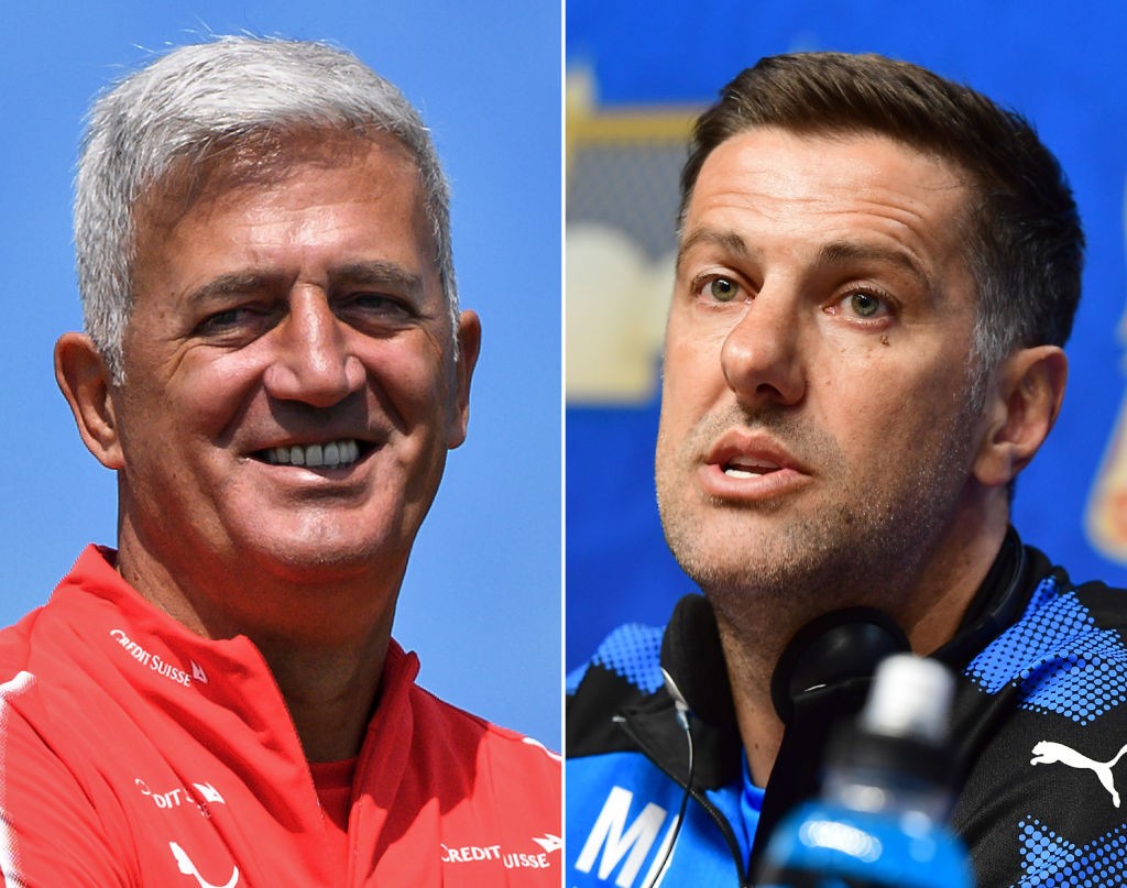 This combination of two files pictures created on June 20, 2018 shows Switzerland's Bosnian-Herzegovinian head coach Vladimir Petkovic (L) in Tolyatti on June 14, 2018 and Serbia's coach Mladen Krstajic in Samara on June 16, 2018 during the Russia 2018 World Cup football tournament. - Serbia will play Switzerland in their Russia 2018 World Cup Group E football match at the Kaliningrad stadium in Kaliningrad on June 22, 2018. (Photo by Fabrice COFFRINI / AFP) (Photo credit should read FABRICE COFFRINI/AFP/Getty Images)