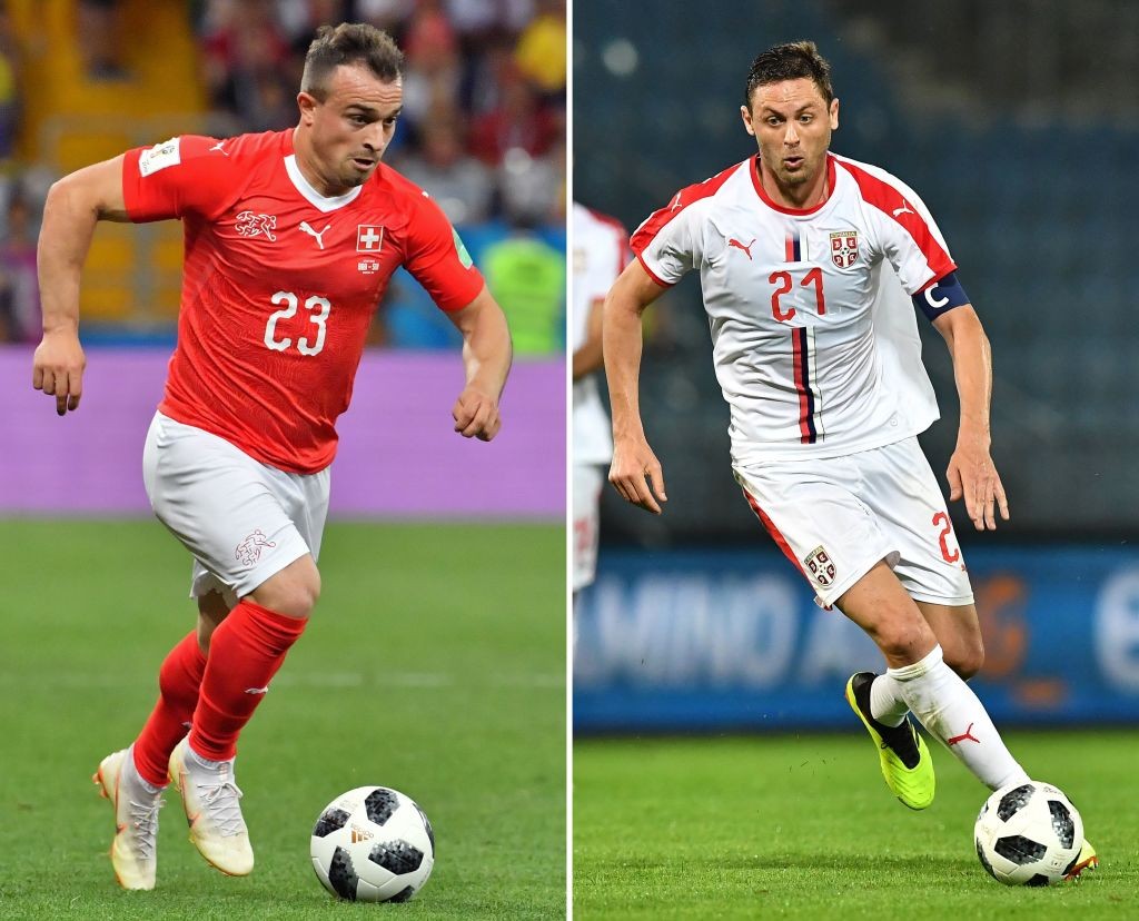 (COMBO) This combination of two files pictures created on June 20, 2018 shows Switzerland's forward Xherdan Shaqiri (L) in Rostov-On-Don on June 17, 2018 and Serbia's Nemanja Matic in Graz, Austria on June 4, 2018. - Serbia will play Switzerland in their Russia 2018 World Cup Group E football match at the Kaliningrad stadium in Kaliningrad on June 22, 2018. (Photo by Pascal GUYOT and Joe KLAMAR / AFP) (Photo credit should read PASCAL GUYOT,JOE KLAMAR/AFP/Getty Images)