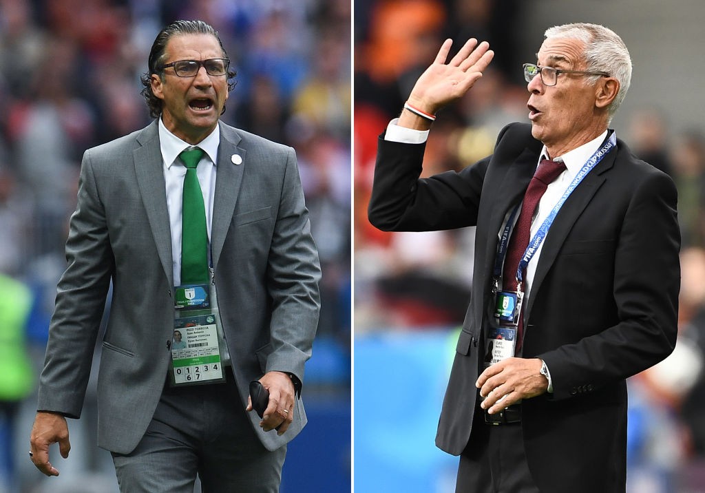 (COMBO) This combination of two files pictures created on June 23, 2018 shows Saudi Arabia's Argentine-born Spanish coach Juan Antonio Pizzi (L) in Moscow on June 14, 2018 and Egypt's Argentine coach Hector Raul Cuper in Ekaterinburg on June 15, 2018. - Saudi Arabia will play Egypt in their Russia 2018 World Cup Group A football match at the Volgograd Arena in Volgograd on June 25, 2018. (Photo by Patrik STOLLARZ / AFP) (Photo credit should read PATRIK STOLLARZ/AFP/Getty Images)