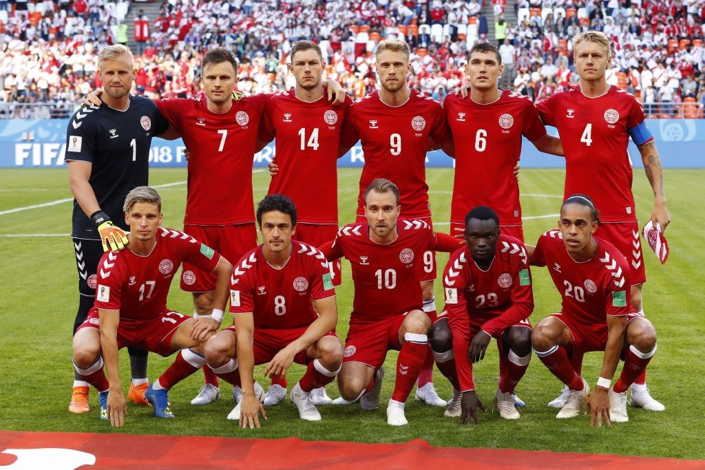 (Front row from L) Denmark's defender Jens Stryger Larsen, Denmark's midfielder Thomas Delaney, Denmark's midfielder Christian Eriksen, Denmark's forward Pione Sisto, Denmark's forward Yussuf Poulsen (bcak row from L) Denmark's goalkeeper Kasper Schmeichel, Denmark's midfielder William Kvist, Denmark's defender Henrik Dalsgaard, Denmark's forward Nicolai Jorgensen, Denmark's defender Andreas Christensen and Denmark's defender Simon Kjaer pose prior to the Russia 2018 World Cup Group C football match between Peru and Denmark at the Mordovia Arena in Saransk on June 16, 2018. (Photo by Jack GUEZ / AFP) / RESTRICTED TO EDITORIAL USE - NO MOBILE PUSH ALERTS/DOWNLOADS (Photo credit should read JACK GUEZ/AFP/Getty Images)