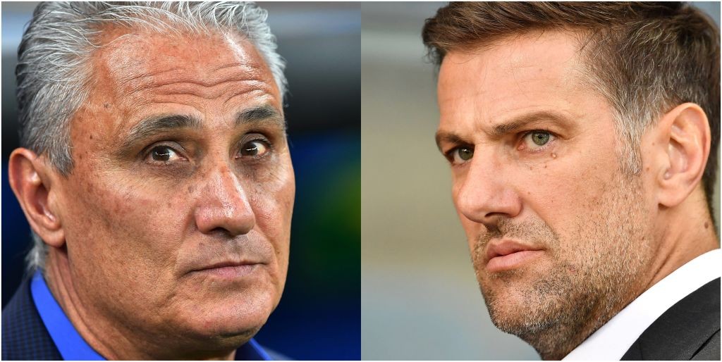 (COMBO) This combination of pictures created on June 25, 2018 shows Brazil's coach Tite at the Rostov Arena in Rostov-On-Don on June 17, 2018 and Serbia's headcoach Mladen Krstajic t the Merkur Arena in Graz, Austria on June 4, 2018. - Brazil will play against Serbia in their Russia 2018 World Cup Group E football match in Moskow on June 27, 2018. (Photo by Joe KLAMAR / AFP) (Photo credit should read JOE KLAMAR/AFP/Getty Images)