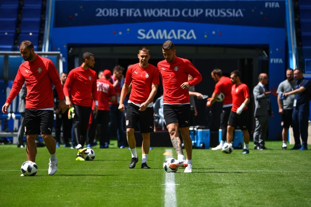 Serbia's players take part in a training session at the Samara Arena in Samara on June 16, 2018 on the eve of the Russia 2018 World Cup Group E football match between Costa Rica and Serbia. (Photo by MANAN VATSYAYANA / AFP) (Photo credit should read MANAN VATSYAYANA/AFP/Getty Images)