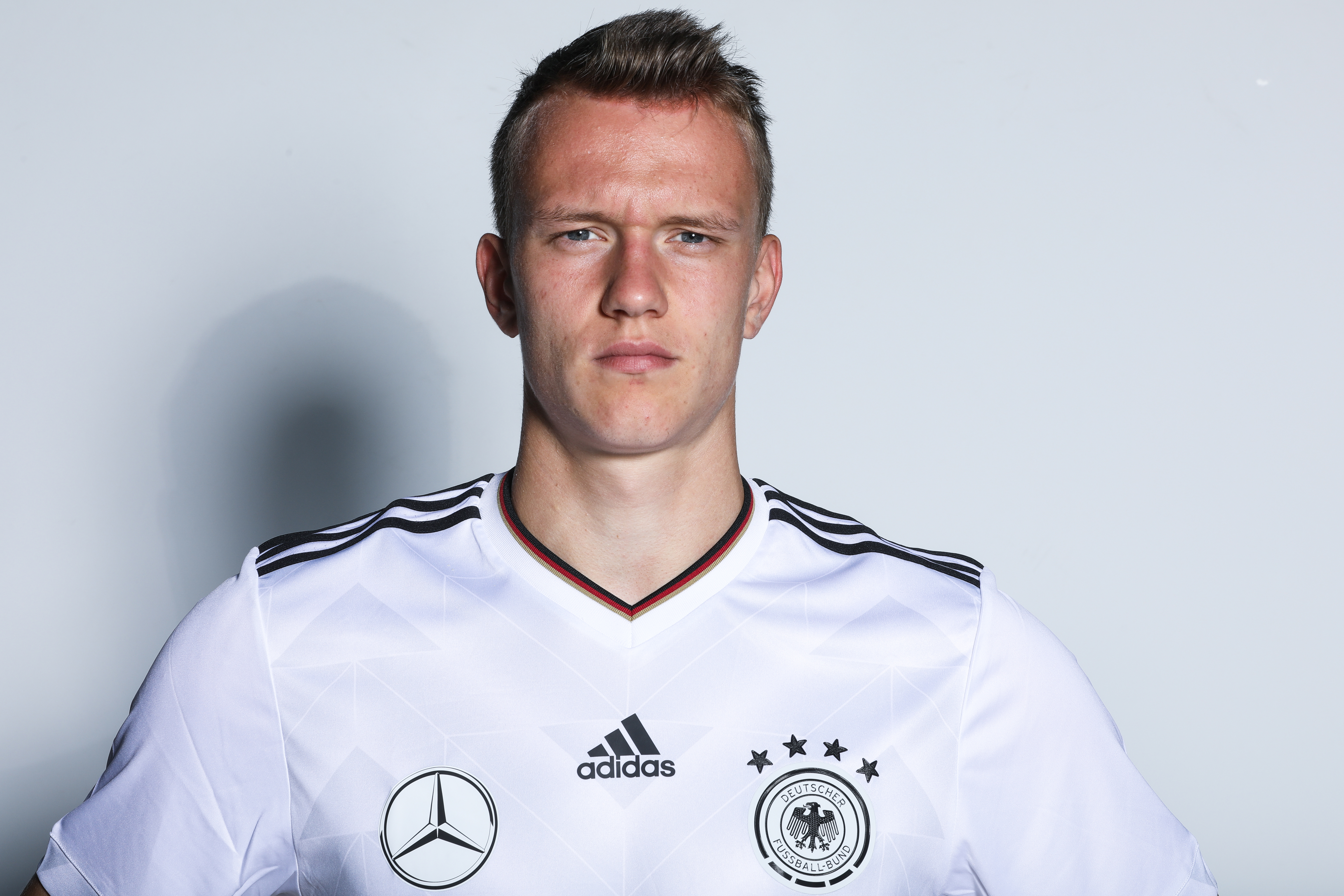 HARSEWINKEL, GERMANY - AUGUST 29:  Lukas Klostermann  of Germany poses for the  Germany U21  Team Presentation on August 29, 2017 in Harsewinkel, Germany.  (Photo by Oliver Hardt/Bongarts/Getty Images)