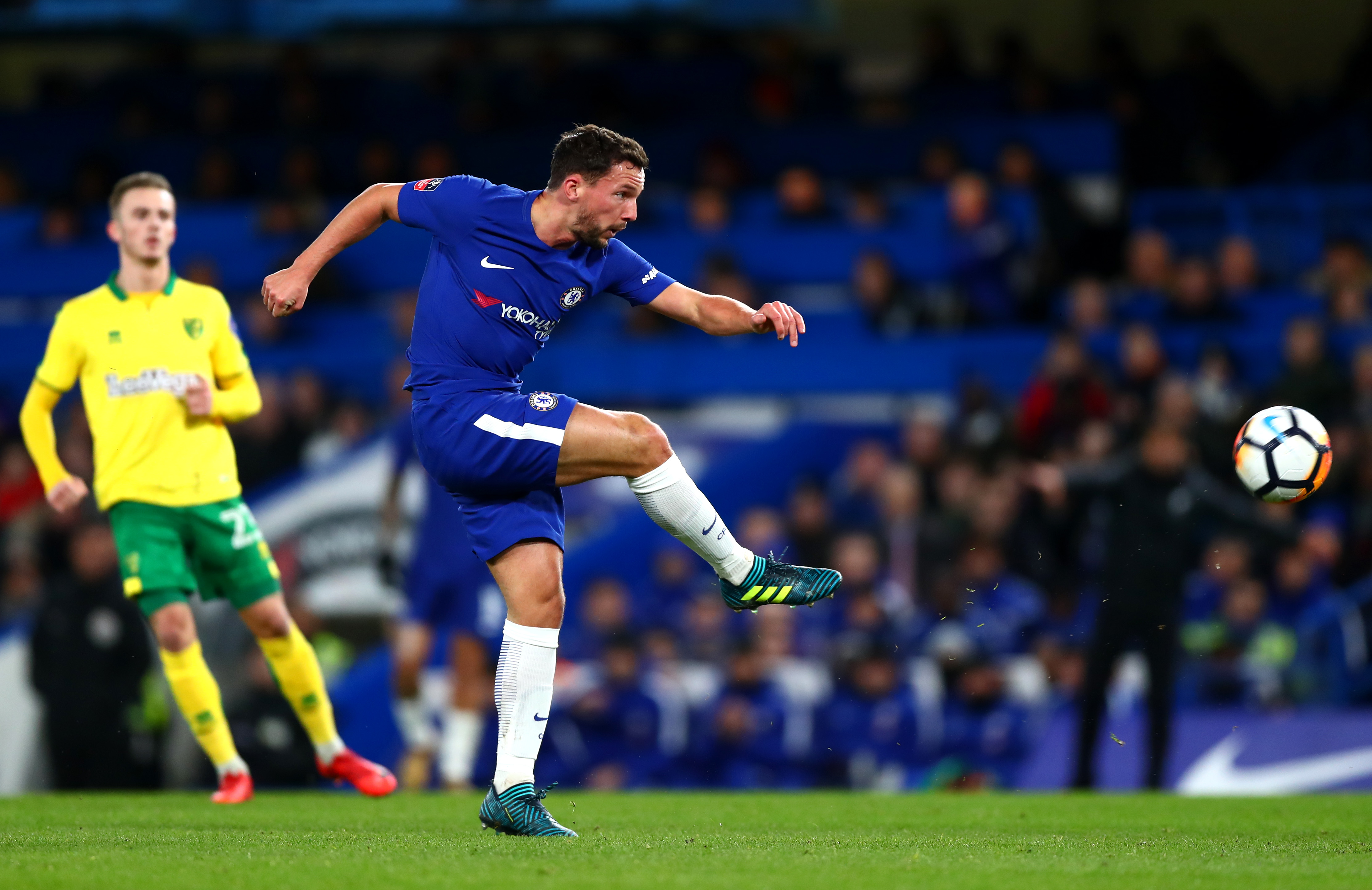 LONDON, ENGLAND - JANUARY 17: Danny Drinkwater of Chelsea shoots on goal during The Emirates FA Cup Third Round Replay between Chelsea and Norwich City at Stamford Bridge on January 17, 2018 in London, England.  (Photo by Clive Rose/Getty Images)