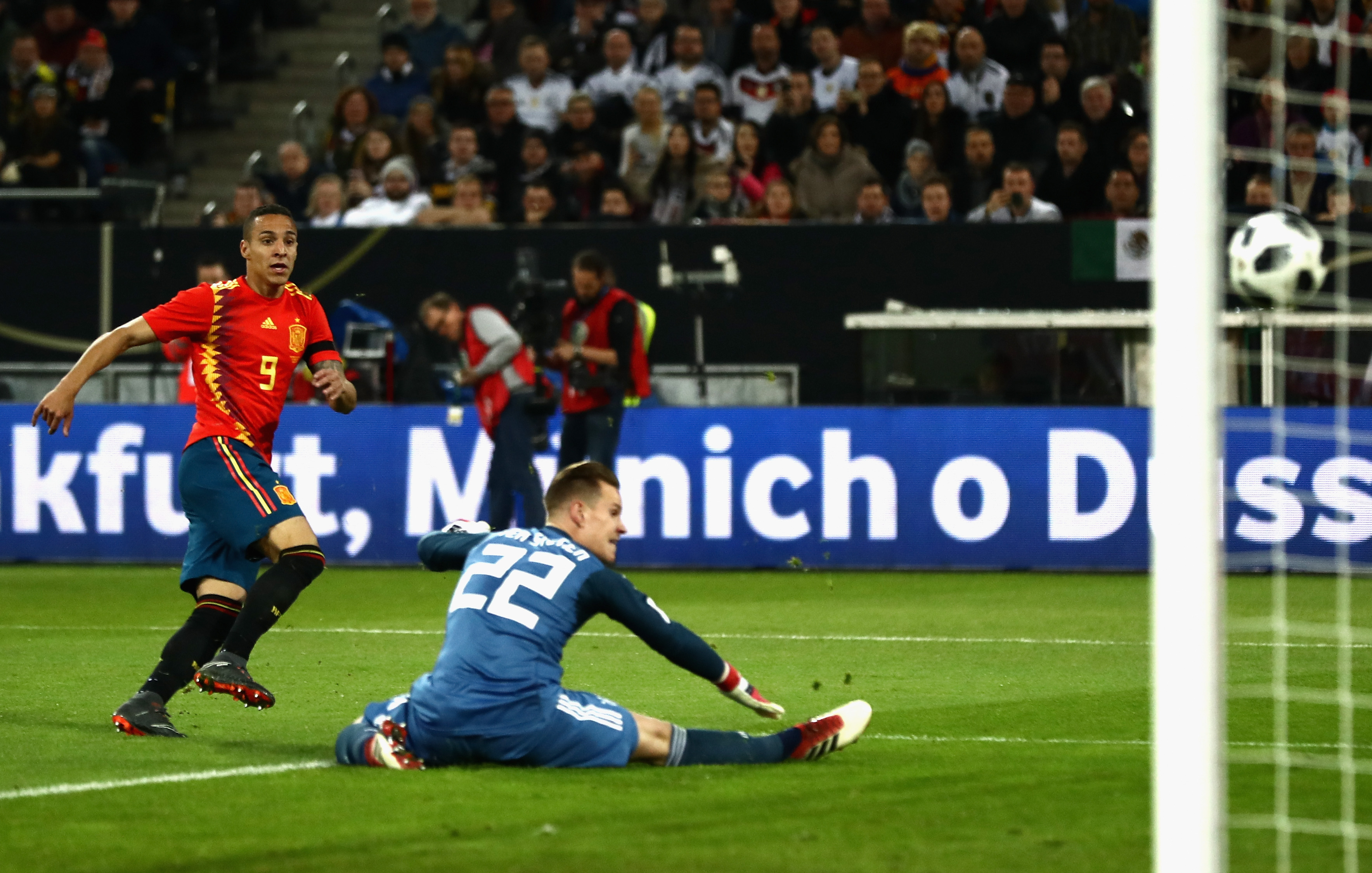 DUESSELDORF, GERMANY - MARCH 23: Rodrigo Moreno of Spain scores his sides first goal past Marc-andre ter Stegan of Germany during the International friendly match between Germany and Spain at Esprit-Arena on March 23, 2018 in Duesseldorf, Germany.  (Photo by Lars Baron/Bongarts/Getty Images)