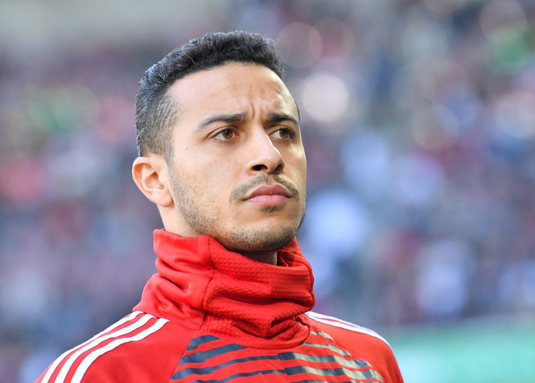 AUGSBURG, GERMANY - APRIL 07: Thiago Alcantara of Bayern Muenchen looks on prior to the Bundesliga match between FC Augsburg and FC Bayern Muenchen at WWK-Arena on April 7, 2018 in Augsburg, Germany. (Photo by Sebastian Widmann/Bongarts/Getty Images)