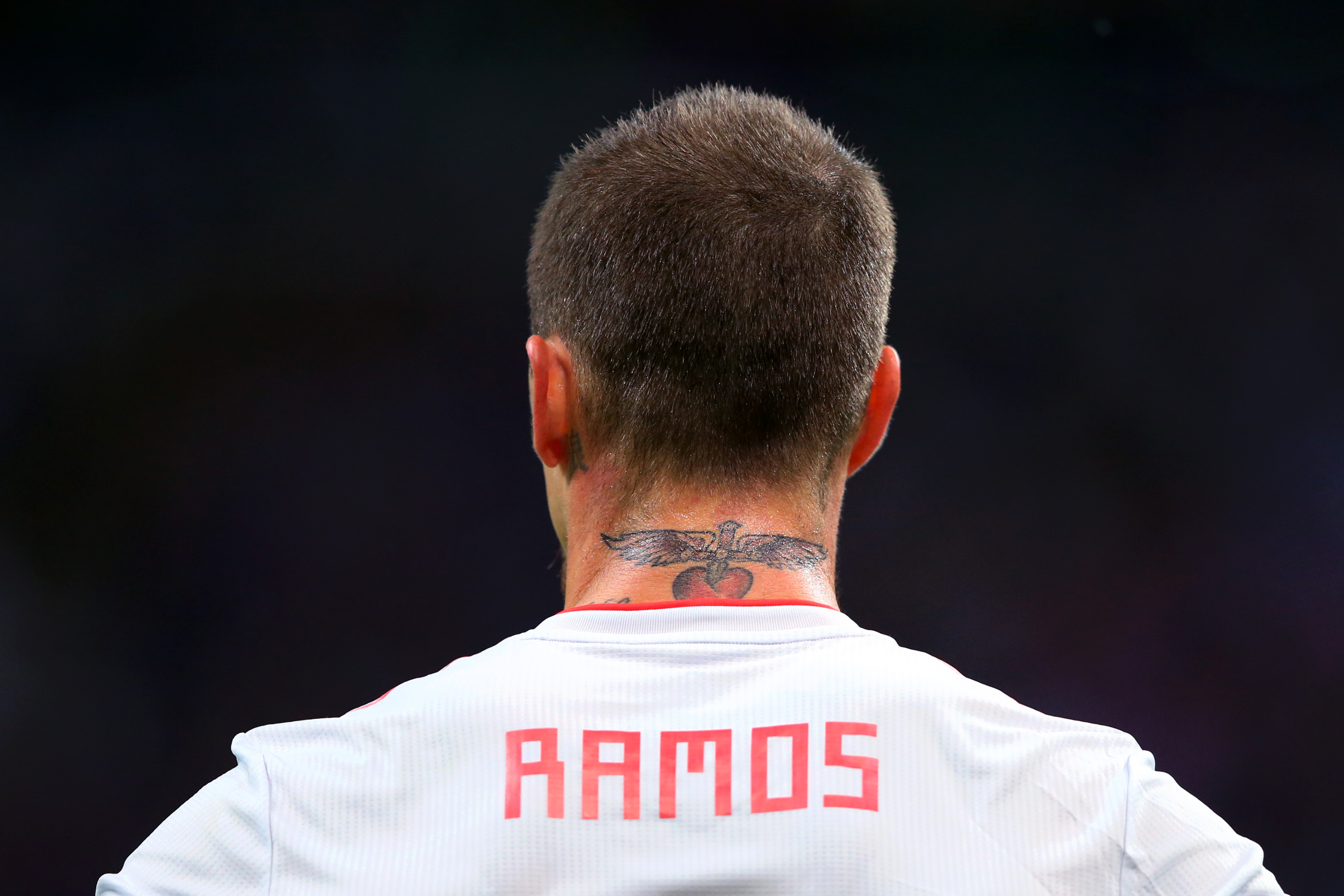 KAZAN, RUSSIA - JUNE 20: Sergio Ramos of Spain's tattoo is seen on his neck during the 2018 FIFA World Cup Russia group B match between Iran and Spain at Kazan Arena on June 20, 2018 in Kazan, Russia.  (Photo by Alex Livesey/Getty Images)