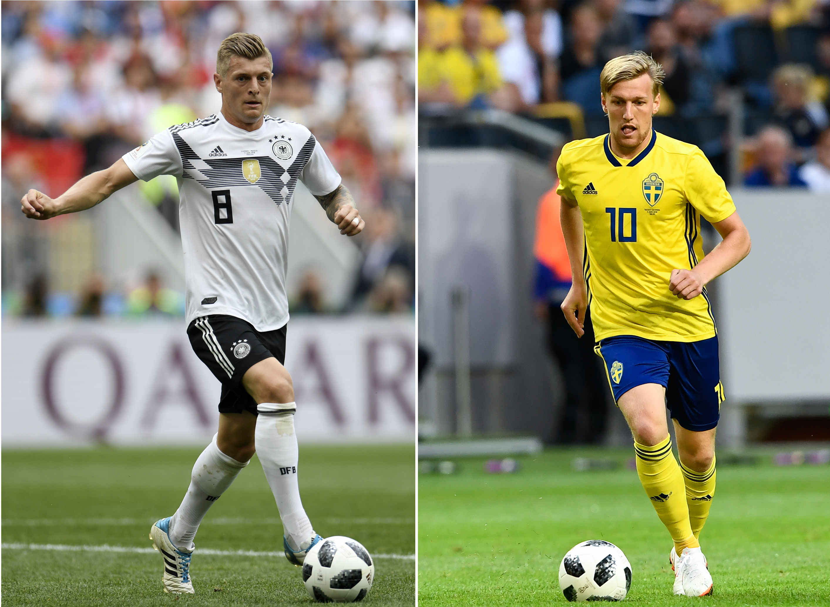 (COMBO)  This combination of photos created on June 21, 2018 shows Germany's midfielder Toni Kroos in Moscow on June 17, 2018 (L) and Sweden's midfielder Emil Forsberg in Solna on June 2, 2018. - Germany will play Sweden in their Russia 2018 World Cup Group F football match at the Fisht Stadium in Sochi on June 23, 2018. (Photo by Patrik STOLLARZ and Jonathan NACKSTRAND / AFP)        (Photo credit should read PATRIK STOLLARZ,JONATHAN NACKSTRAND/AFP/Getty Images)