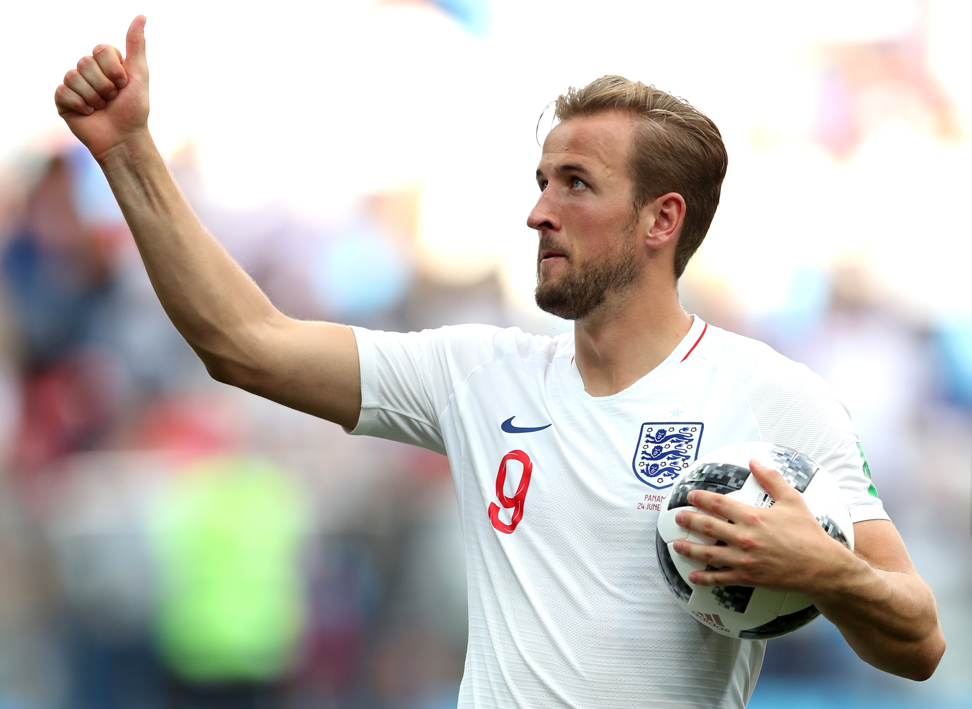NIZHNY NOVGOROD, RUSSIA - JUNE 24:  Harry Kane of England is seen with the matchball following scoring a hatrick in his sides victory in the 2018 FIFA World Cup Russia group G match between England and Panama at Nizhny Novgorod Stadium on June 24, 2018 in Nizhny Novgorod, Russia.  (Photo by Alex Morton/Getty Images)