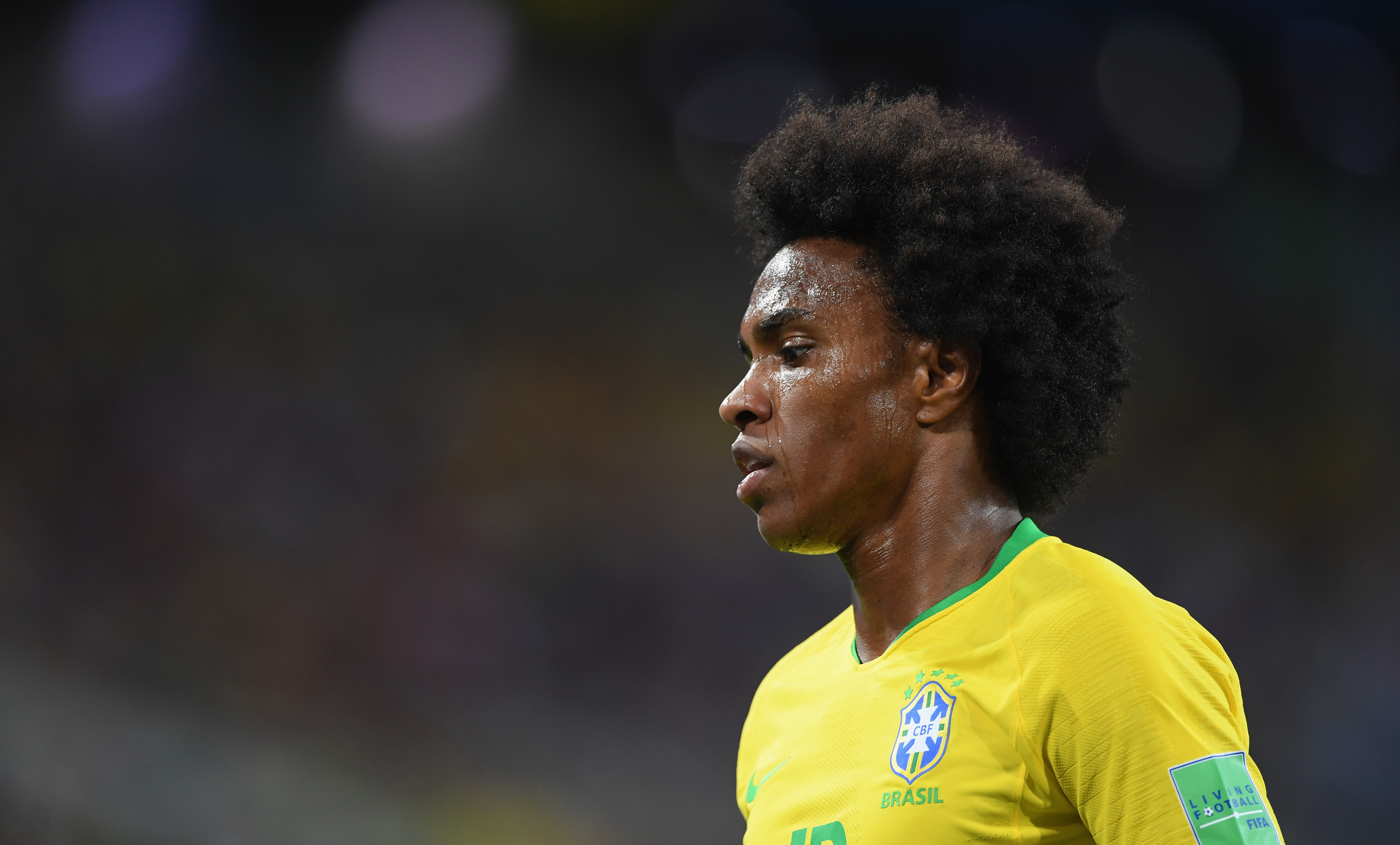 MOSCOW, RUSSIA - JUNE 27:  Willian of Brazil looks on during the 2018 FIFA World Cup Russia group E match between Serbia and Brazil at Spartak Stadium on June 27, 2018 in Moscow, Russia.  (Photo by Stu Forster/Getty Images)