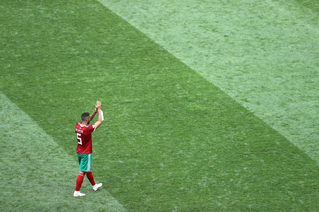 MOSCOW, RUSSIA - JUNE 20: Mehdi Benatia of Morocco acknowledges the fans afer his team's elimination following the 2018 FIFA World Cup Russia group B match between Portugal and Morocco at Luzhniki Stadium on June 20, 2018 in Moscow, Russia. (Photo by Maddie Meyer/Getty Images)