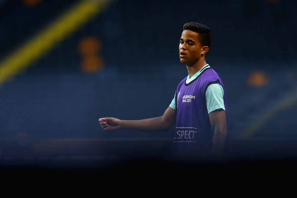 STOCKHOLM, SWEDEN - MAY 23: Justin Kluivert of Ajax looks on during a training session at The Friends Arena ahead of the UEFA Europa League Final between Ajax and Manchester United at Friends Arena on May 23, 2017 in Stockholm, Sweden. (Photo by Dean Mouhtaropoulos/Getty Images)