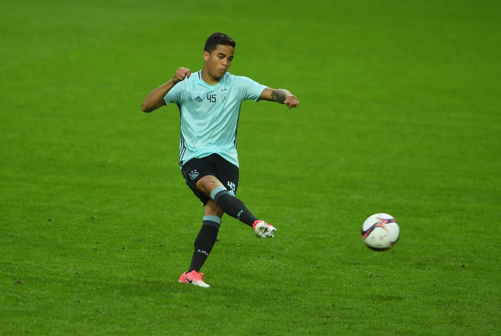 STOCKHOLM, SWEDEN - MAY 23: Justin Kluivert of Ajax shoots during a training session at The Friends Arena ahead of the UEFA Europa League Final between Ajax and Manchester United at Friends Arena on May 23, 2017 in Stockholm, Sweden. (Photo by Mike Hewitt/Getty Images)