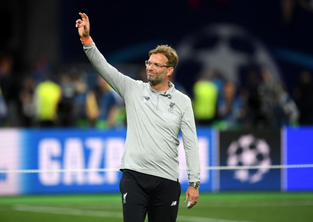 KIEV, UKRAINE - MAY 26: Jurgen Klopp, Manager of Liverpool shows appreciation to the fans following the UEFA Champions League Final between Real Madrid and Liverpool at NSC Olimpiyskiy Stadium on May 26, 2018 in Kiev, Ukraine. (Photo by Shaun Botterill/Getty Images)