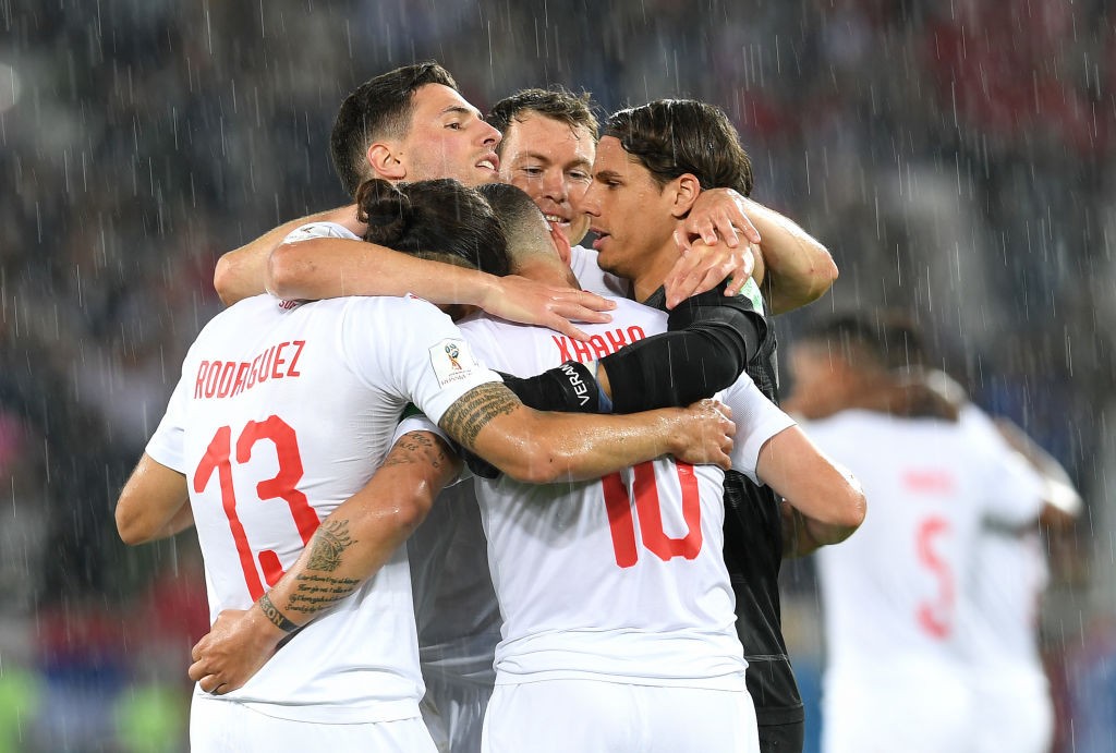 KALININGRAD, RUSSIA - JUNE 22: Switzerland players celebrate following their sides victory in the 2018 FIFA World Cup Russia group E match between Serbia and Switzerland at Kaliningrad Stadium on June 22, 2018 in Kaliningrad, Russia. (Photo by Matthias Hangst/Getty Images)