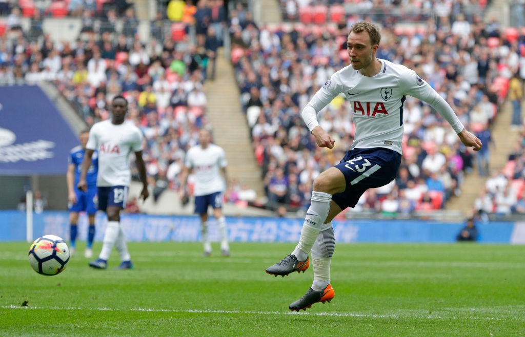 LONDON, ENGLAND - MAY 13: Christian Eriksen of Tottenham Hotspur kicks the ball during the Premier League match between Tottenham Hotspur and Leicester City at Wembley Stadium on May 13, 2018 in London, England. (Photo by Henry Browne/Getty Images)