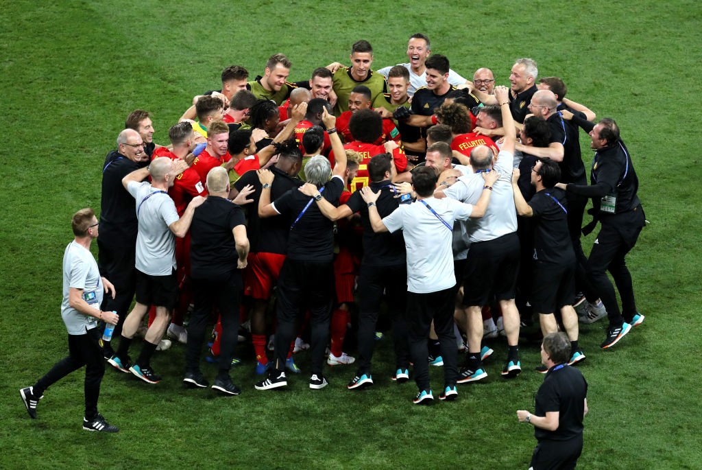 KAZAN, RUSSIA - JULY 06: Belgium team and staff celebrate their victory following the 2018 FIFA World Cup Russia Quarter Final match between Brazil and Belgium at Kazan Arena on July 6, 2018 in Kazan, Russia. (Photo by Kevin C. Cox/Getty Images)
