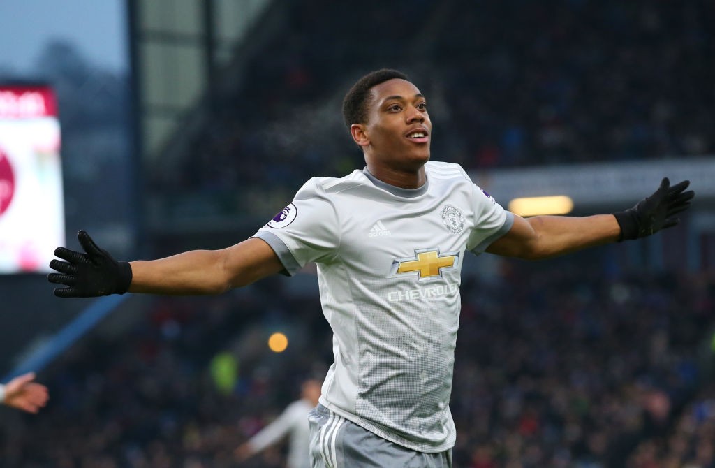 BURNLEY, ENGLAND - JANUARY 20: Anthony Martial of Manchester United celebrates after scoring his sides first goal during the Premier League match between Burnley and Manchester United at Turf Moor on January 20, 2018 in Burnley, England. (Photo by Alex Livesey/Getty Images)