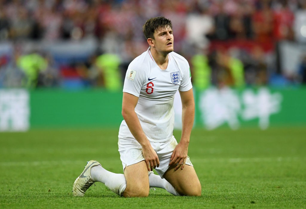 MOSCOW, RUSSIA - JULY 11: Harry Maguire of England reacts during the 2018 FIFA World Cup Russia Semi Final match between England and Croatia at Luzhniki Stadium on July 11, 2018 in Moscow, Russia. (Photo by Matthias Hangst/Getty Images)