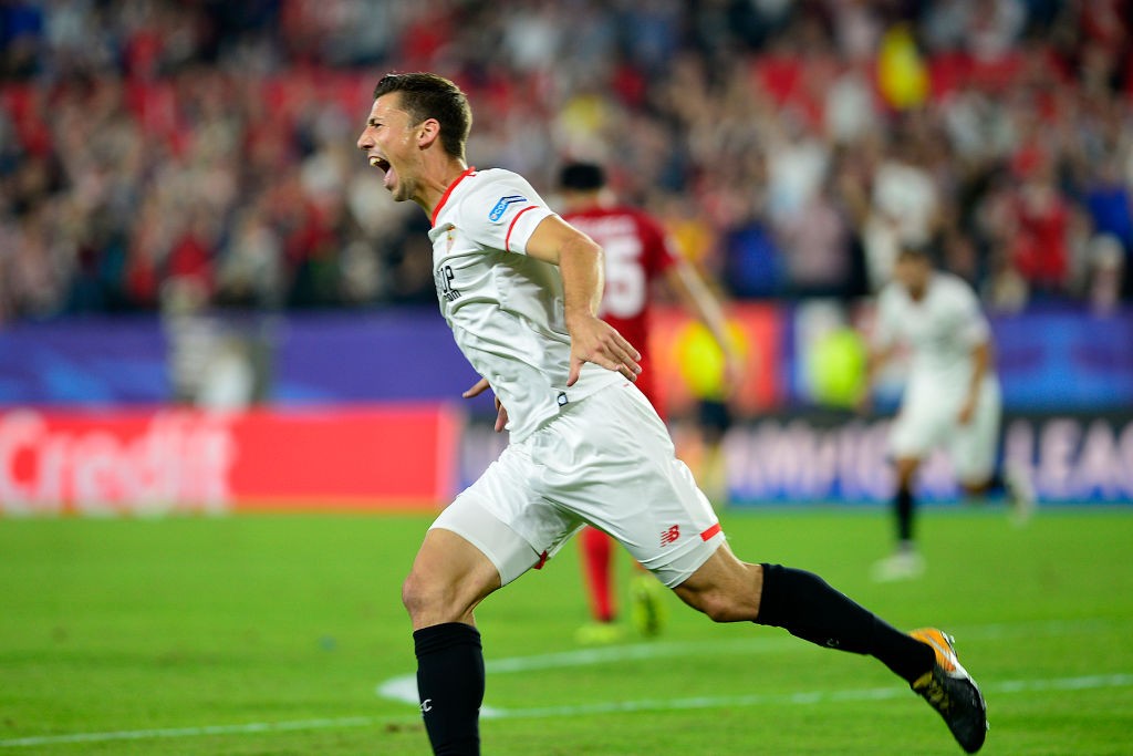 Sevilla's French defender Clement Lenglet celebrates after scoring a goal during the UEFA Champions League group E football match between Sevilla and Spartak Moscow at Sanchez Pizjuan Stadium in Sevilla on November 1, 2017. / AFP PHOTO / CRISTINA QUICLER (Photo credit should read CRISTINA QUICLER/AFP/Getty Images)