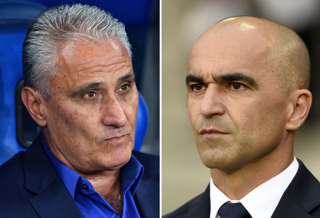 (COMBO) This combination of photos created on July 4, 2018 shows Brazil's coach Tite in Rostov-On-Don on June 17, 2018 (L) and Belgium's coach Roberto Martinez in Brussels on June 11, 2018. - Brazil will face Belgium in their Russia 2018 World Cup quarter-final football match at the Kazan Arena in Kazan on July 6, 2018. (Photo by Joe KLAMAR and John THYS / AFP) (Photo credit should read JOE KLAMAR,JOHN THYS/AFP/Getty Images)