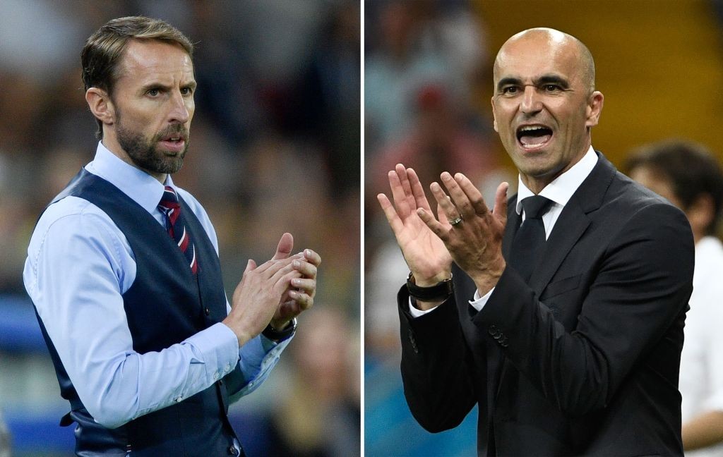 (COMBO) This combination of photos created on July 12, 2018 shows England's coach Gareth Southgate in Moscow on July 3, 2018 (L) and Belgium's coach Roberto Martinez in Rostov-On-Don on July 2, 2018. - Belgium will play England in their Russia 2018 World Cup play-off for third place football match at the Saint Petersburg Stadium in Saint Petersburg on July 14, 2018. (Photo by Juan MABROMATA and Filippo MONTEFORTE / AFP) (Photo credit should read JUAN MABROMATA,FILIPPO MONTEFORTE/AFP/Getty Images)