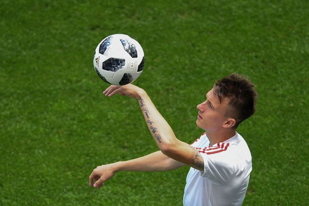Russia's midfielder Aleksandr Golovin takes part to a training session on the eve of the Russia 2018 World Cup Group A football match between Russia and Uruguay at the Samara Arena on June 24, 2018 in Samara. (Photo by Manan VATSYAYANA / AFP) (Photo credit should read MANAN VATSYAYANA/AFP/Getty Images)