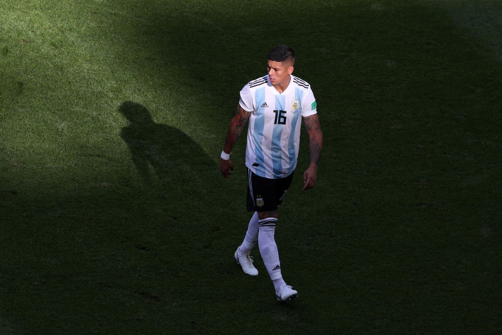 KAZAN, RUSSIA - JUNE 30: Marcos Rojo of Argentina looks on during the 2018 FIFA World Cup Russia Round of 16 match between France and Argentina at Kazan Arena on June 30, 2018 in Kazan, Russia. (Photo by Catherine Ivill/Getty Images)